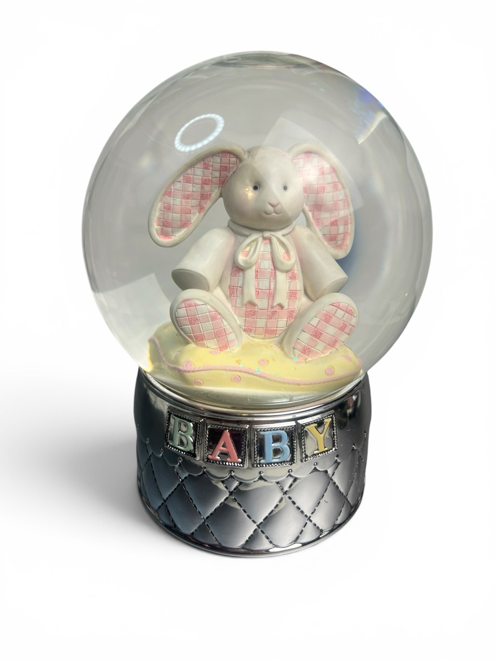 Reed & Barton Pink and Silver Plated Musical Bunny Snow Globe Waterglobe Rotates
